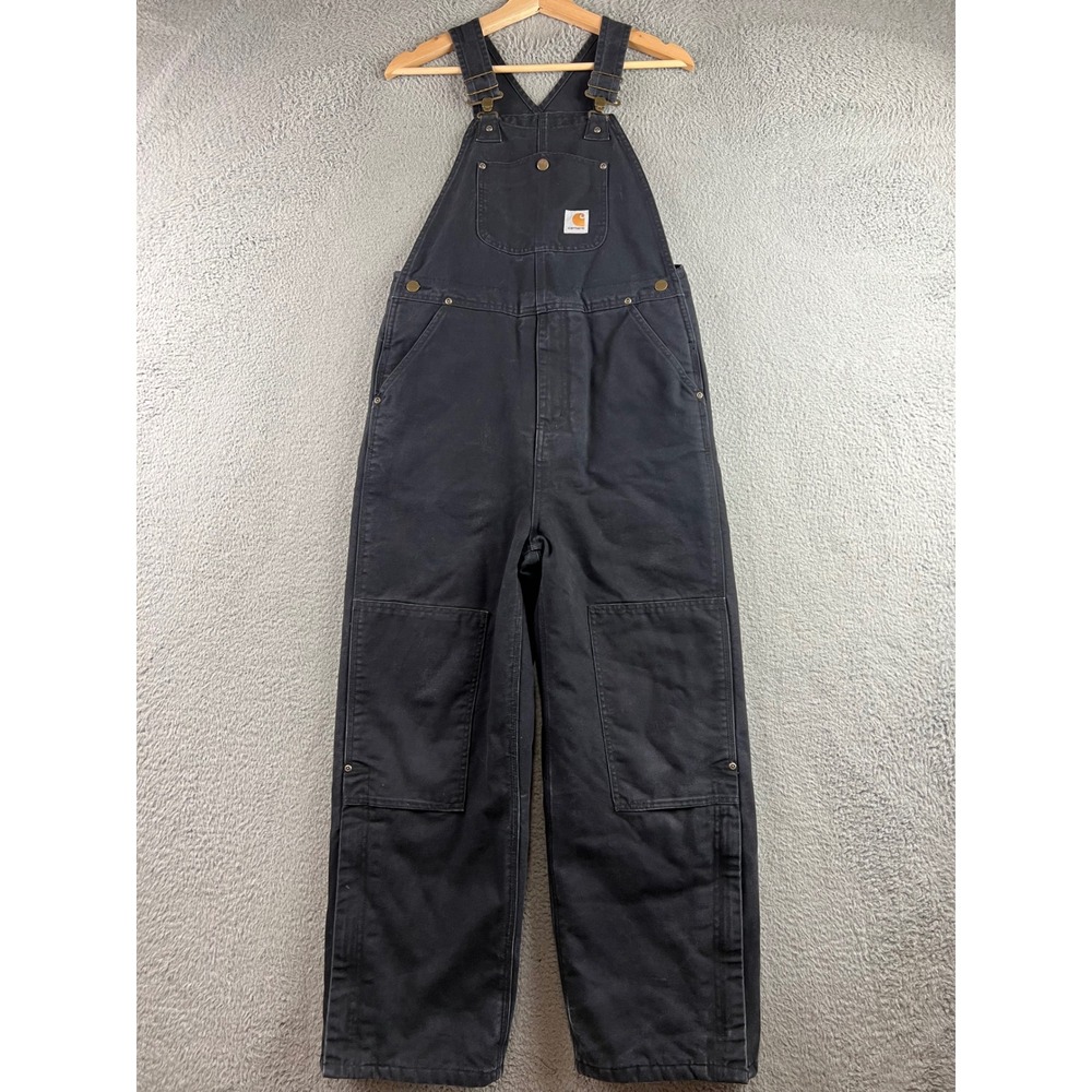 Carhartt Black Quilt Lined Double Knee Bib Overalls Duck Canvas Pant 14